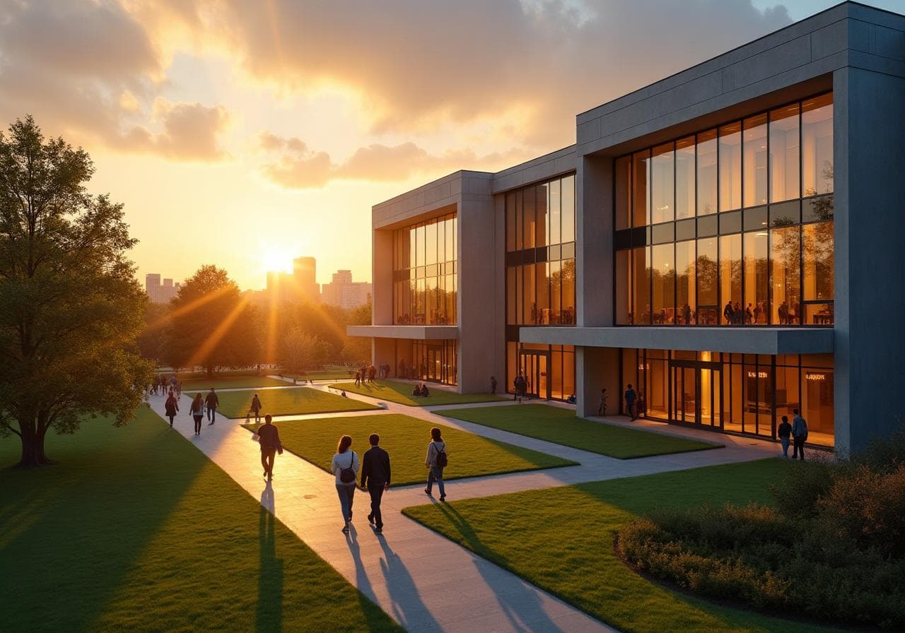 University campus at sunset